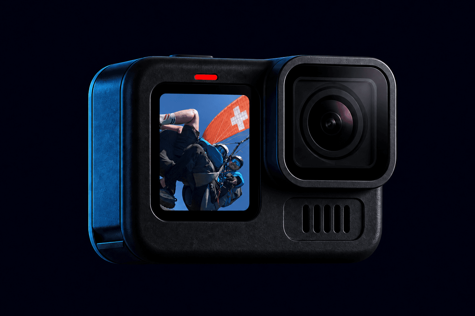 A GoPro HERO13-style camera ready for wireless media transfer